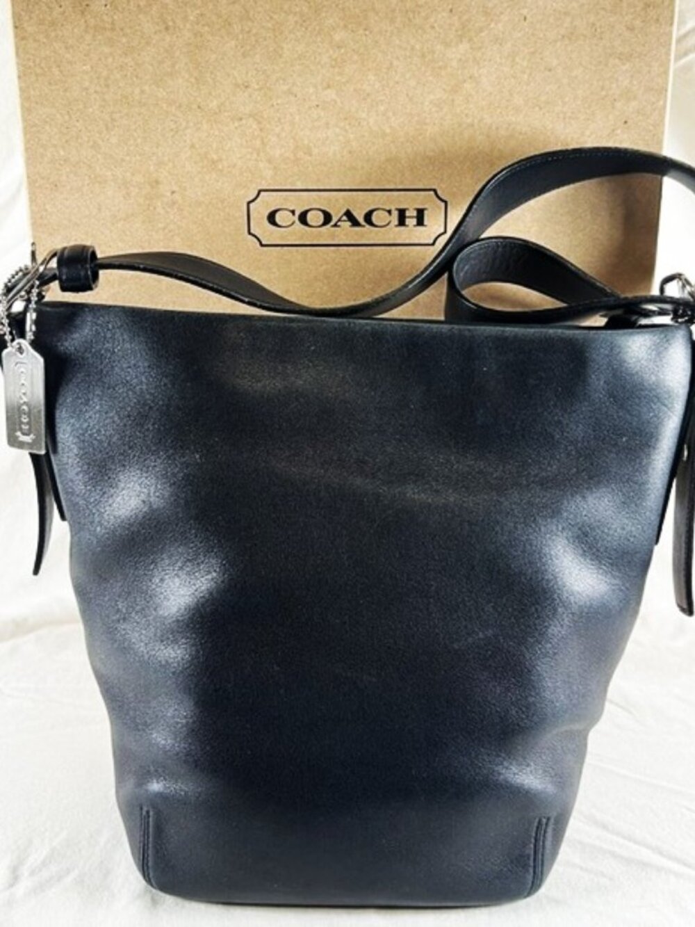 Vintage Coach Small Duffle Sac Black Leather Crossbody EUC + Box